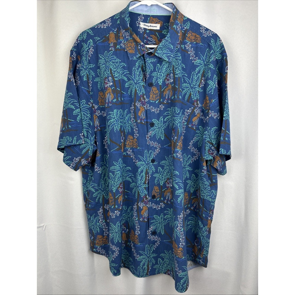 Tommy Bahama Button Up Men's XL Blue Tropical Hawaiian Hula Girl Island Vibes